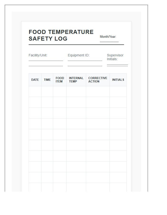 Institutional Kitchen Printable Food Temperature Safety Log Chart
