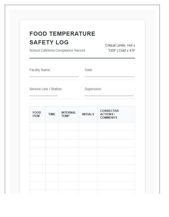 School Cafeteria Printable Food Temperature Safety Log Chart