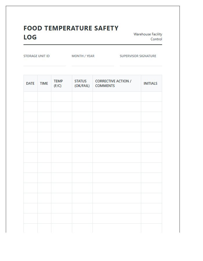 Warehouse Storage Printable Food Temperature Safety Log Chart