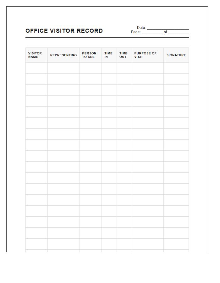 Confidential Office Visitor Record Chart Printable
