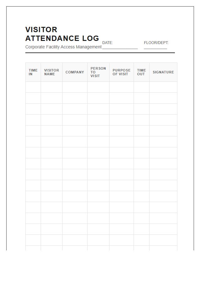 Corporate Building Visitor Attendance Chart Printable