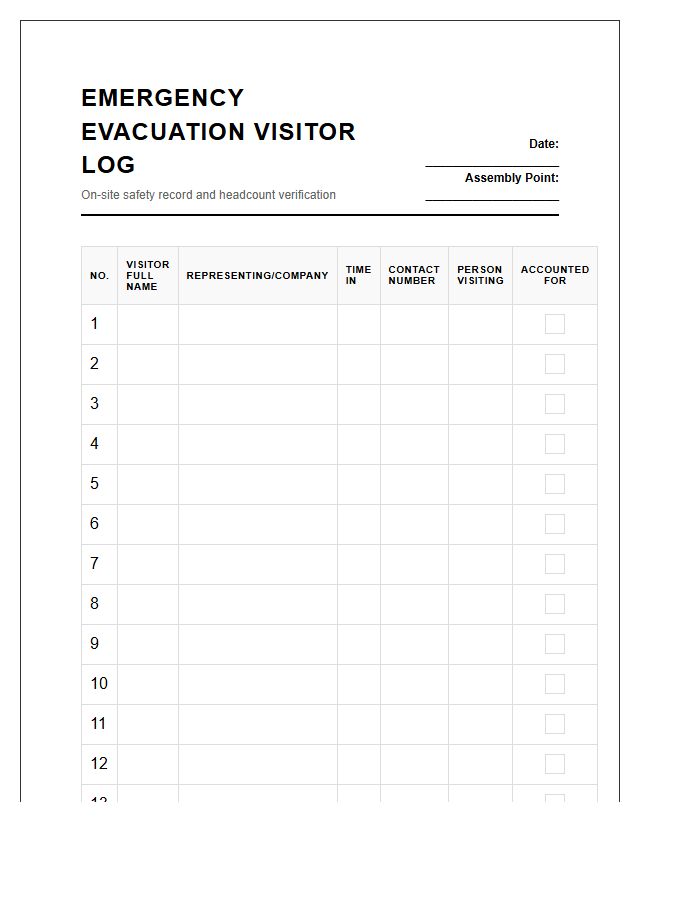 Emergency Evacuation Visitor Log Chart Printable