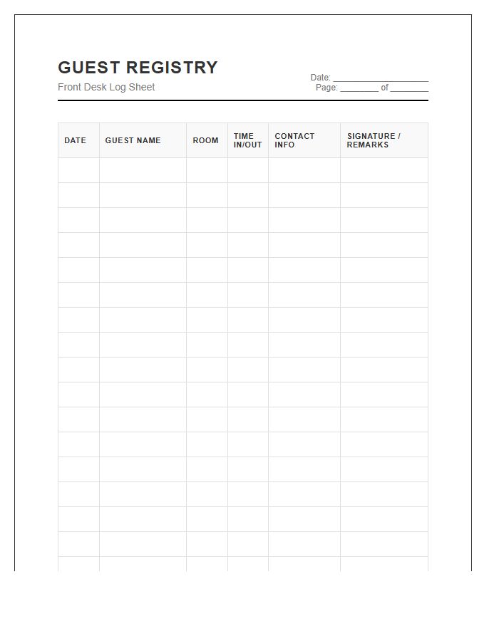 Front Desk Guest Registry Chart Printable