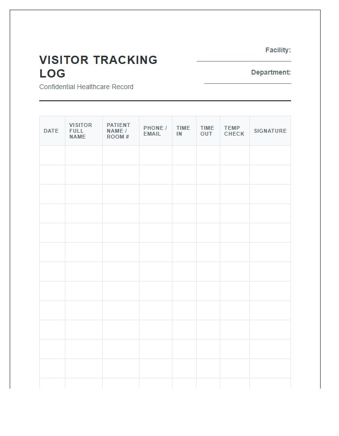 Healthcare Facility Visitor Tracking Chart Printable