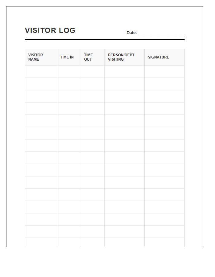 HIPAA Compliant Visitor Log Chart Printable