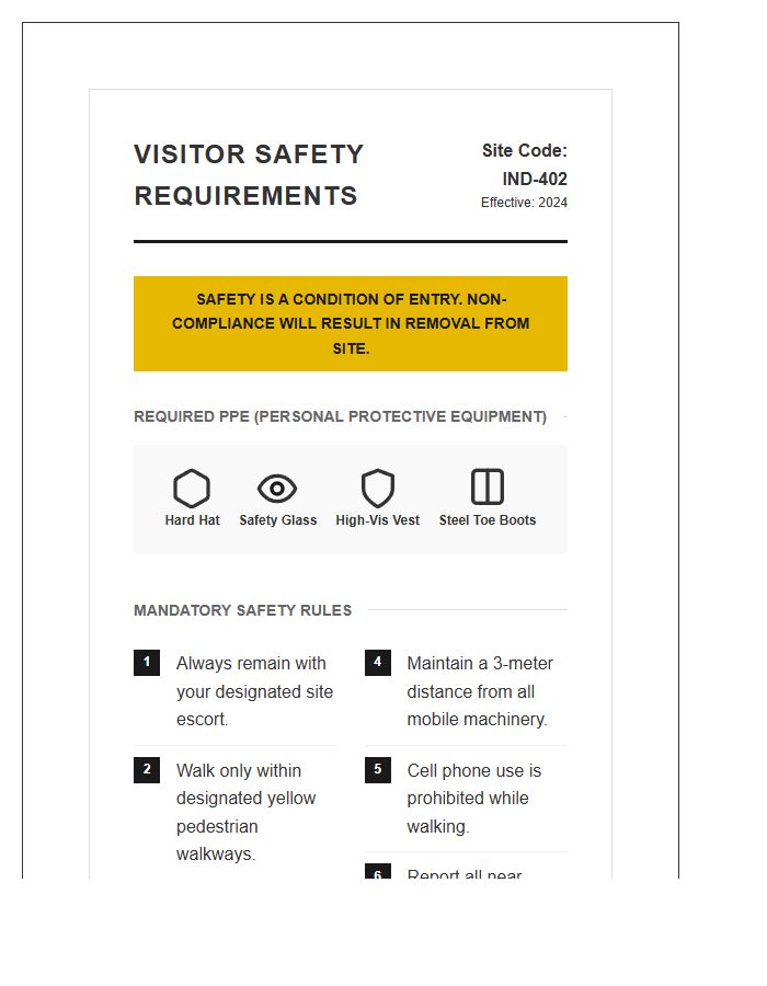 Industrial Site Visitor Safety Chart Printable