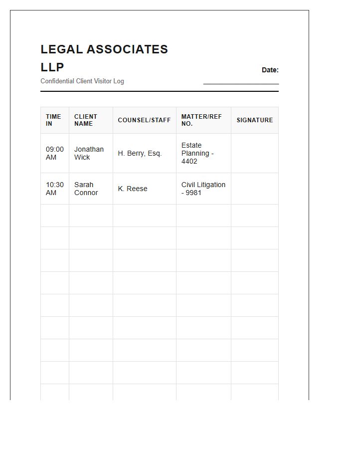 Legal Firm Client Visitor Chart Printable