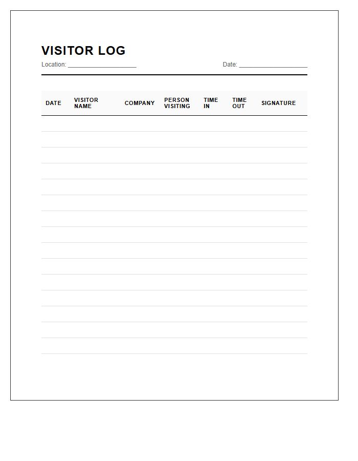 Lobby Visitor Management Log Chart Printable
