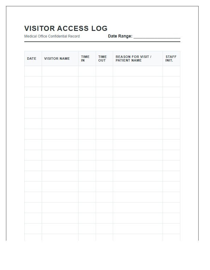Medical Office Patient Visitor Log Chart Printable