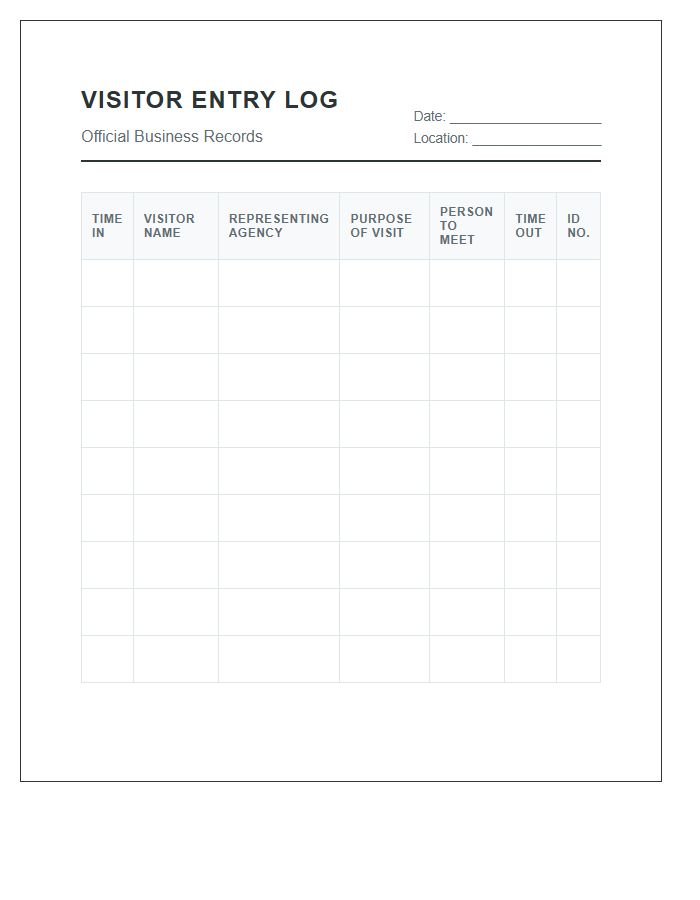 Official Business Visitor Entry Chart Printable