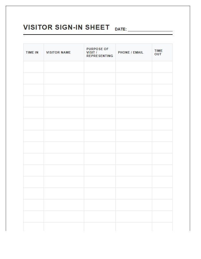 Professional Office Visitor Sign In Chart Printable