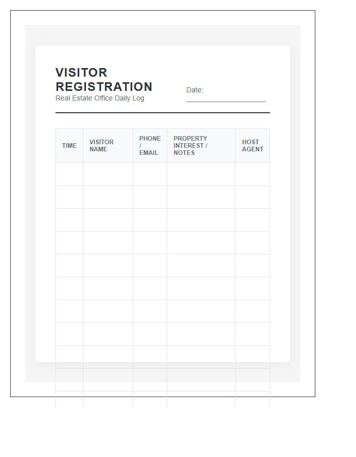Real Estate Office Visitor Chart Printable