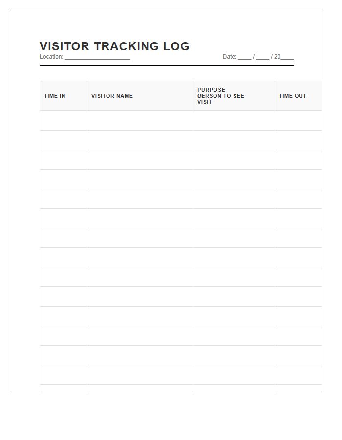 Reception Desk Visitor Tracking Chart Printable