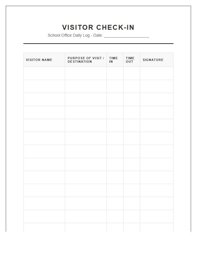 School Office Visitor Check In Chart Printable