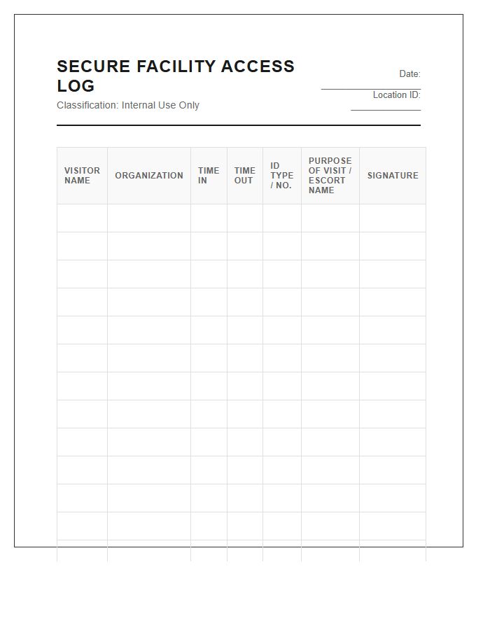 Secure Facility Visitor Access Chart Printable
