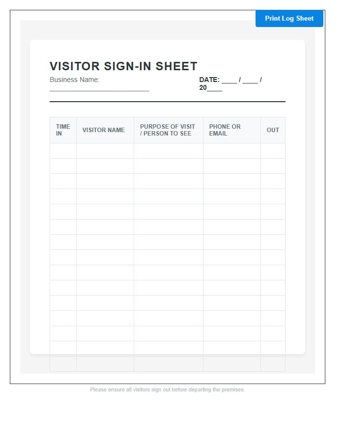 Small Business Visitor Information Chart Printable