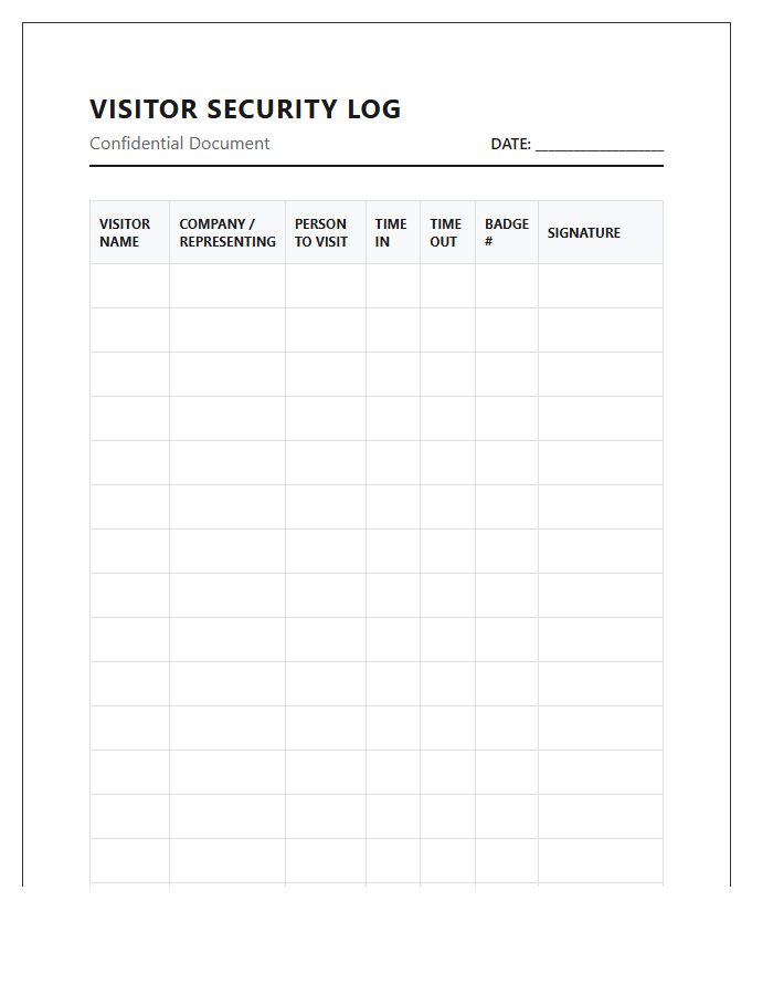 Workplace Security Visitor Log Chart Printable
