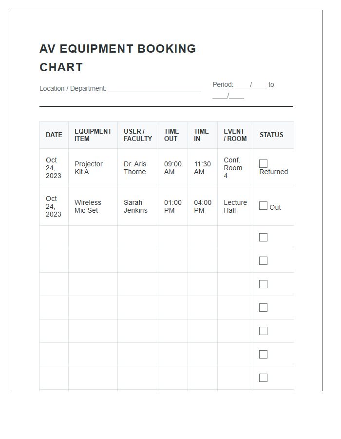 Audio Visual Equipment Booking Chart Printable
