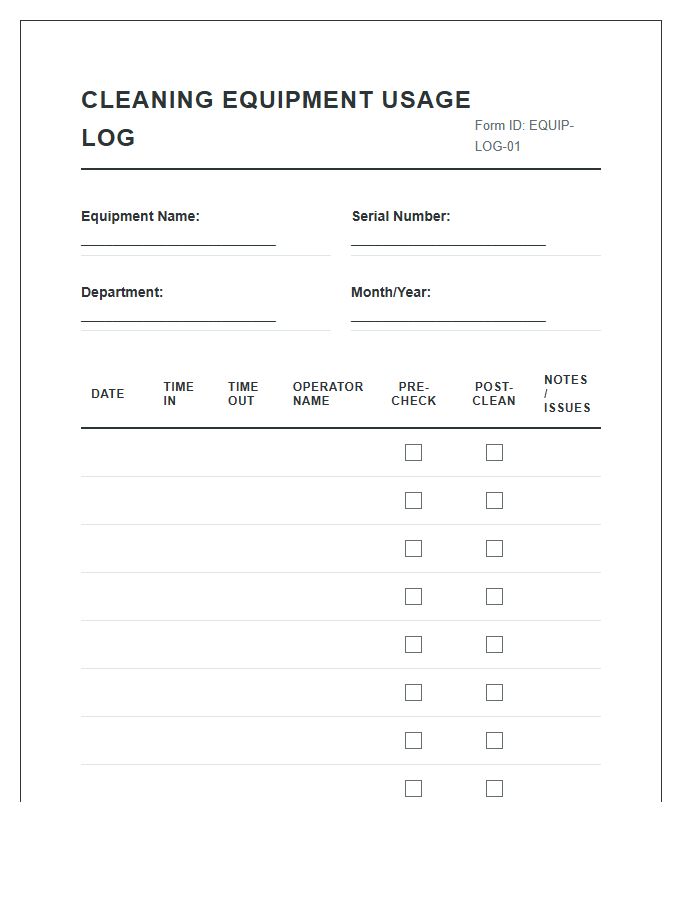 Cleaning Equipment Usage Log Chart Printable