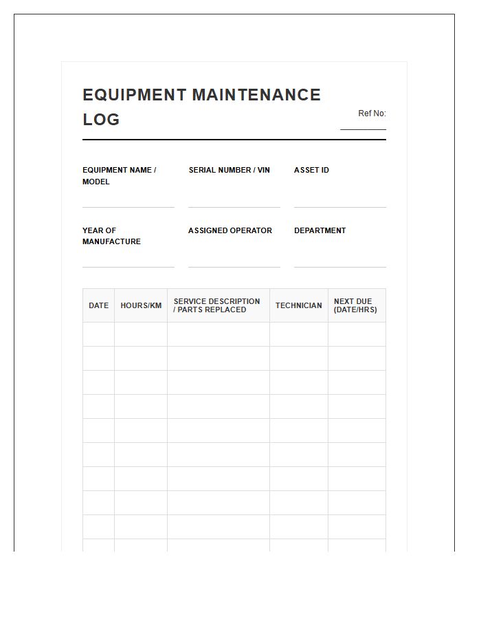 Construction Equipment Maintenance Log Chart Printable