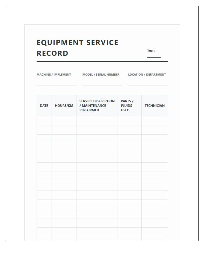 Farm Equipment Service Record Chart Printable
