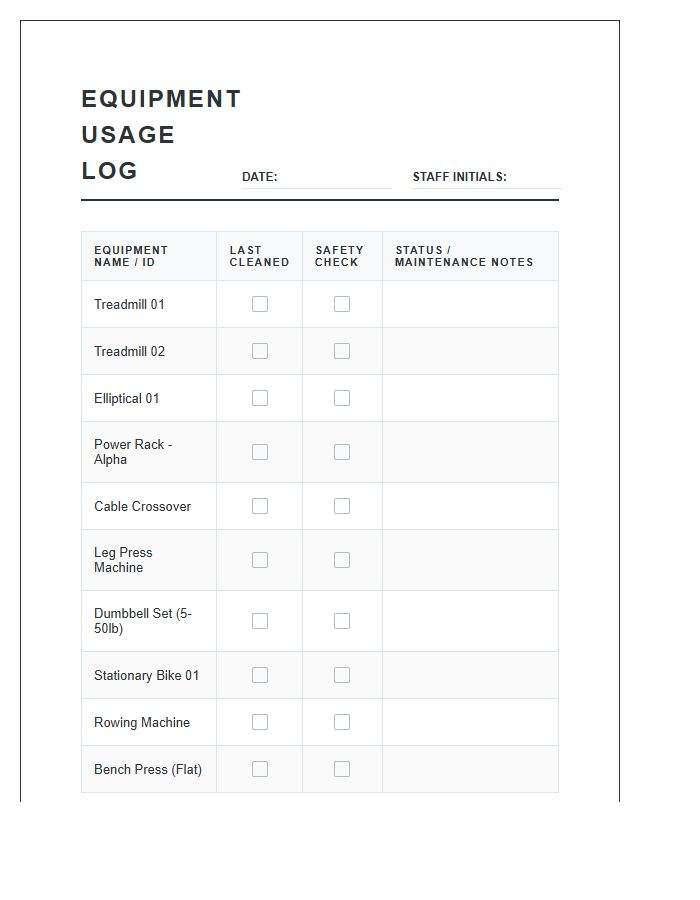 Gym Equipment Usage Tracking Chart Printable