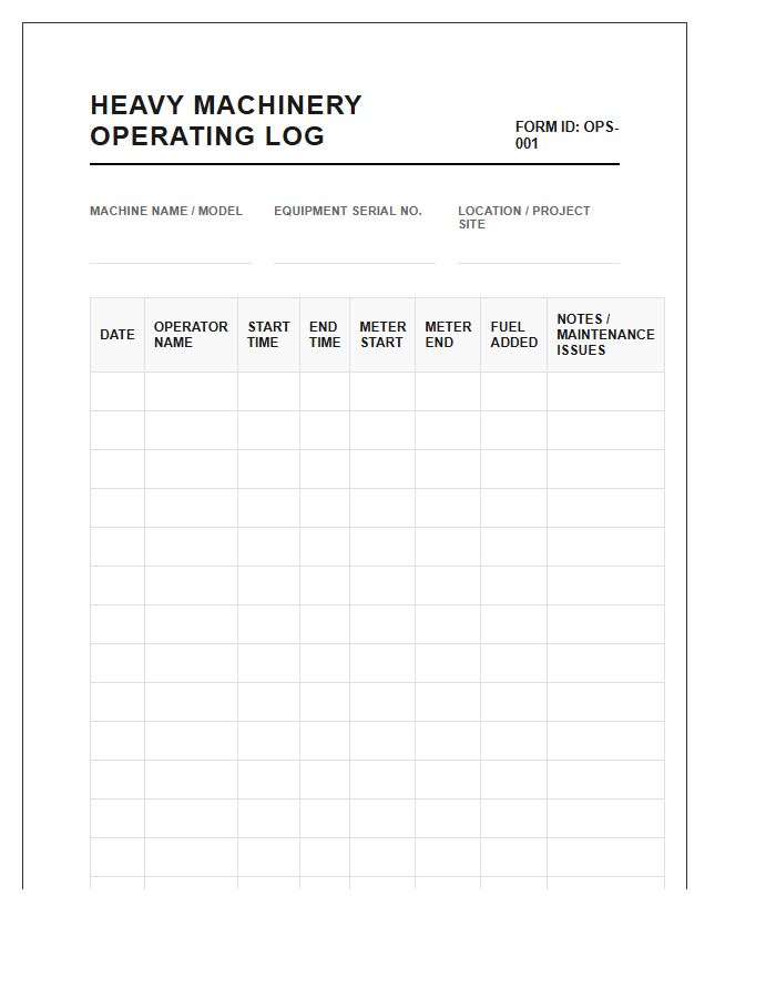 Heavy Machinery Operating Log Chart Printable
