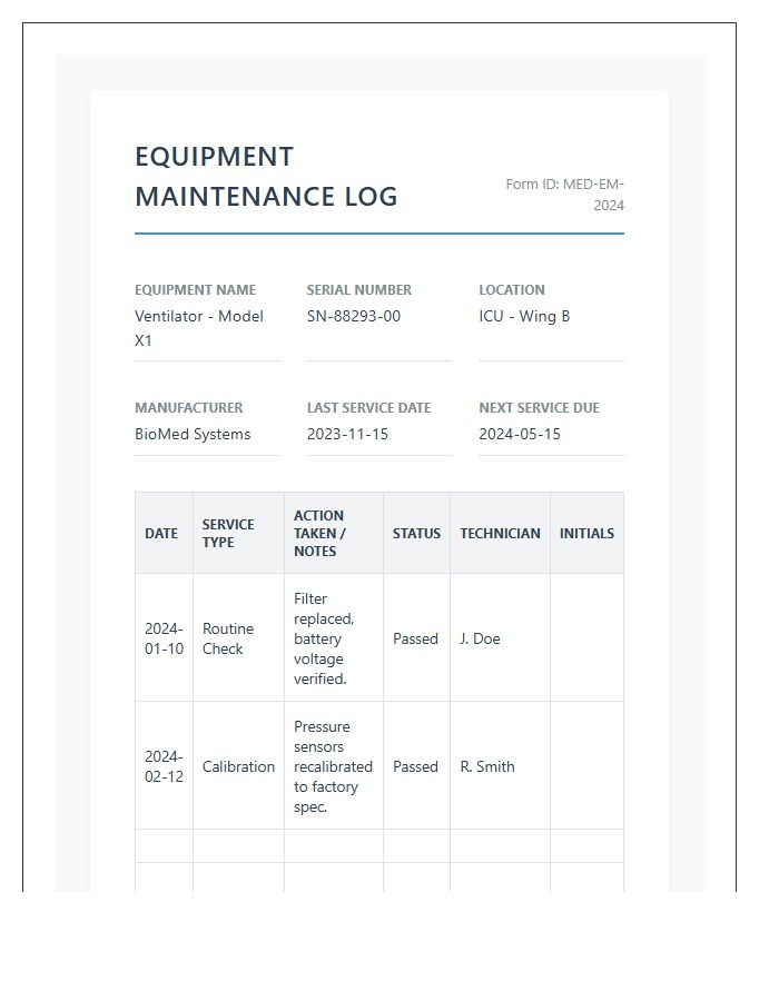 Hospital Equipment Maintenance Log Chart Printable