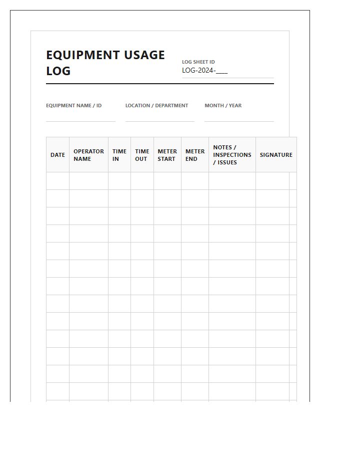 Industrial Equipment Usage Log Chart Printable