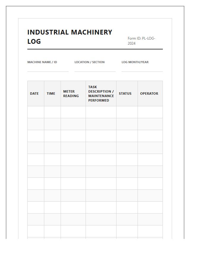 Industrial Plant Machinery Log Chart Printable