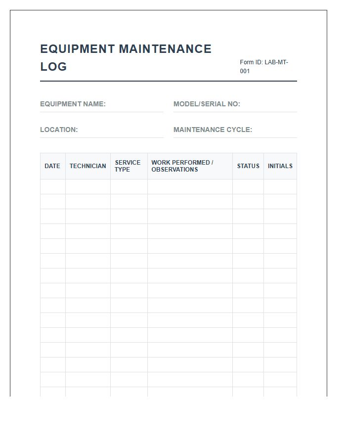 Laboratory Equipment Maintenance Log Chart Printable