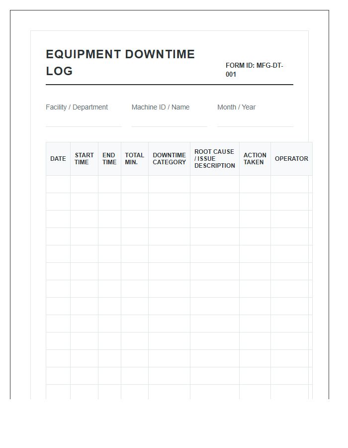 Manufacturing Equipment Downtime Log Chart Printable
