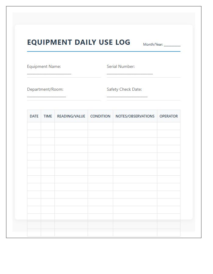 Medical Equipment Daily Use Log Chart Printable