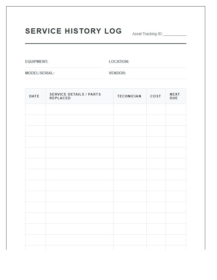 Office Equipment Service History Chart Printable