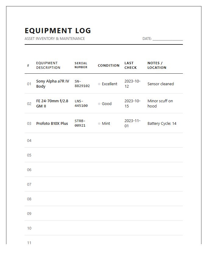 Professional Photography Equipment Log Chart Printable