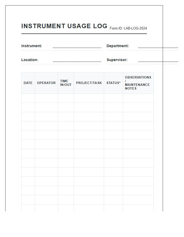 Scientific Instrument Usage Log Chart Printable