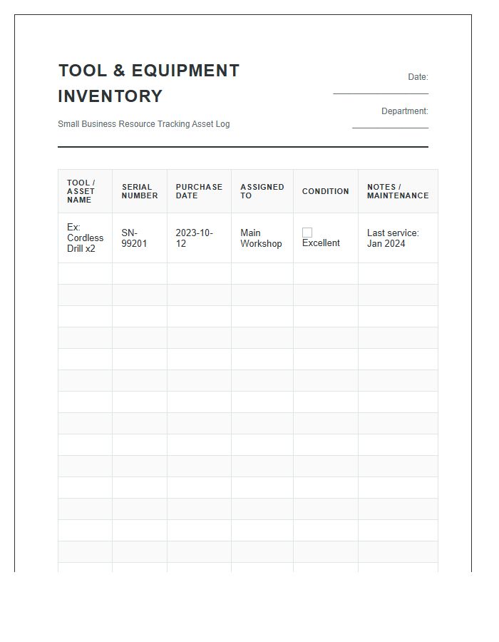 Small Business Tool Tracking Chart Printable
