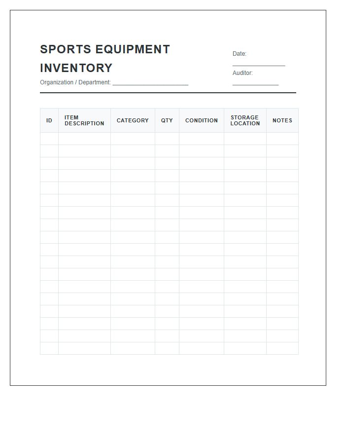 Sports Equipment Inventory Log Chart Printable