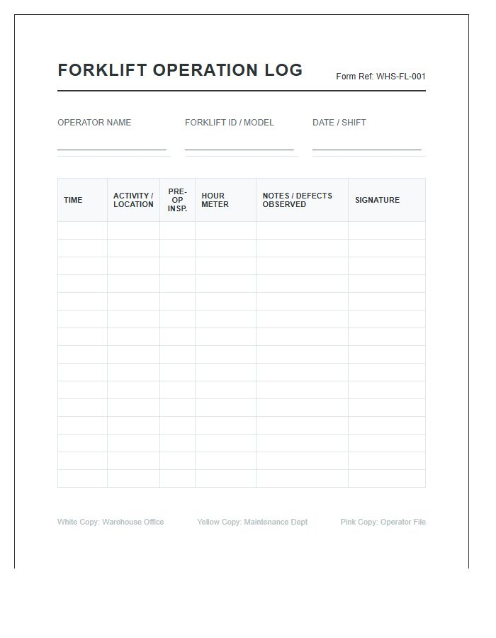 Warehouse Forklift Operation Log Chart Printable