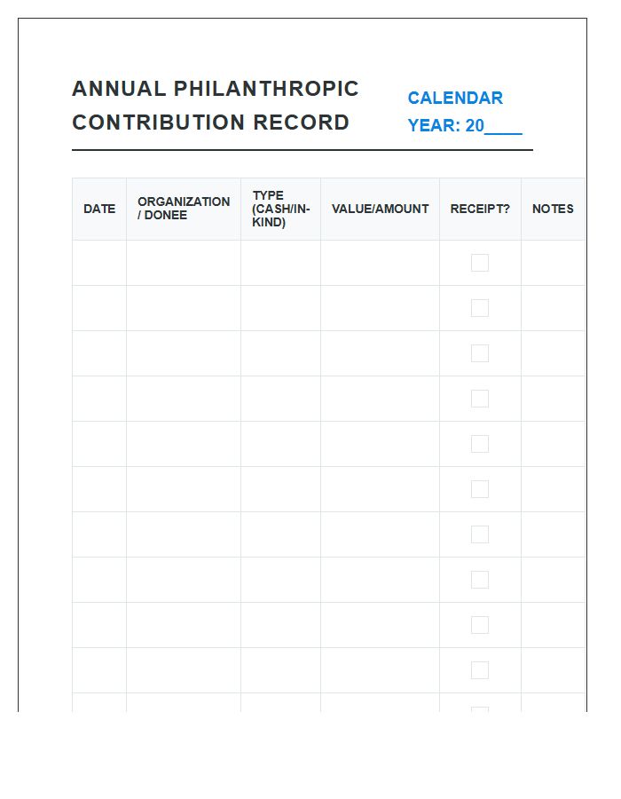 Annual Philanthropic Contribution Record Printable Chart