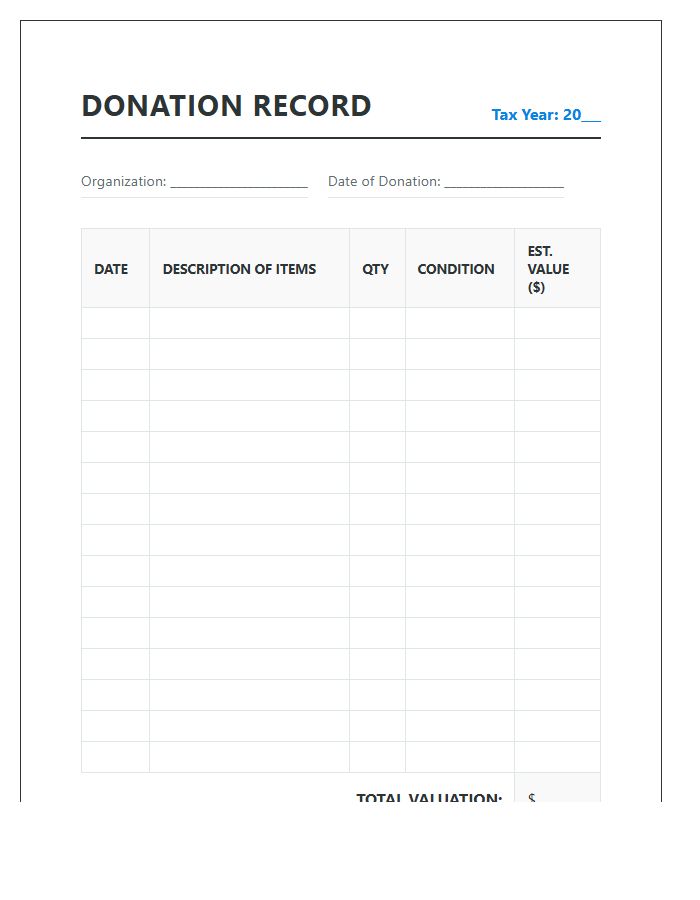 Clothing And Goods Donation Record Printable Chart