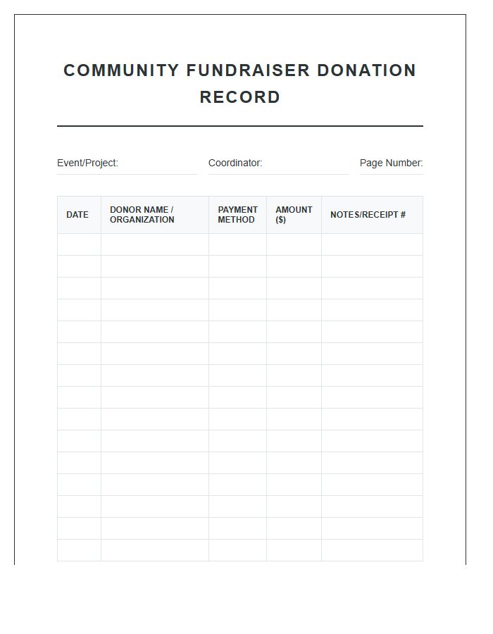 Community Fundraiser Donation Record Printable Chart