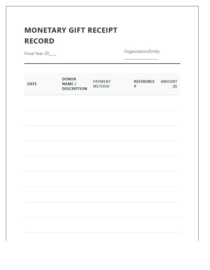 Monetary Gift Receipt Record Printable Chart