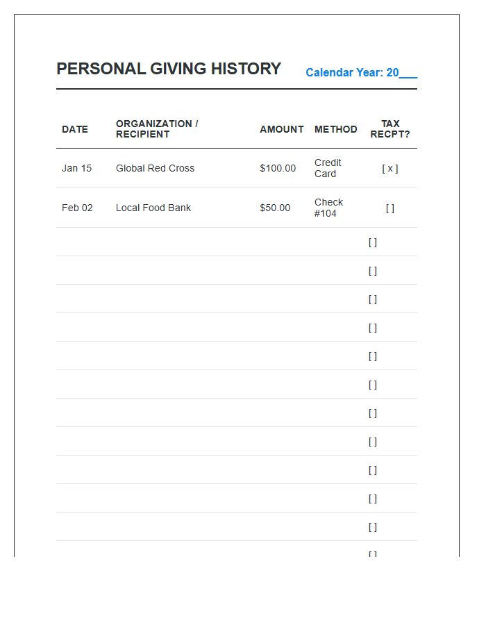 Personal Giving History Record Printable Chart