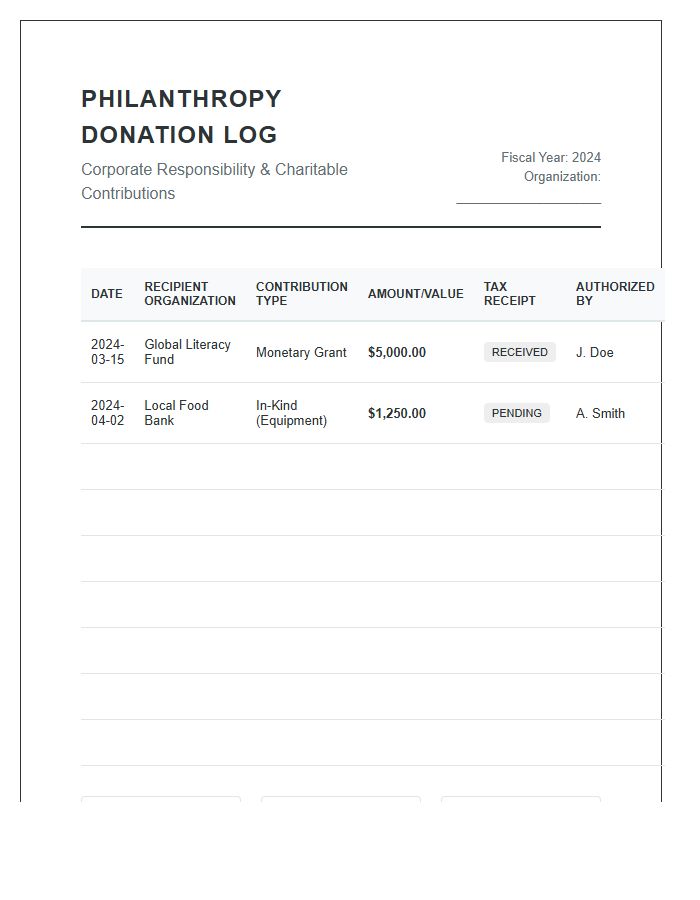 Printable Business Philanthropy Donation Log Chart