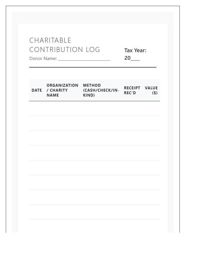 Printable Charitable Contribution Record Log Chart