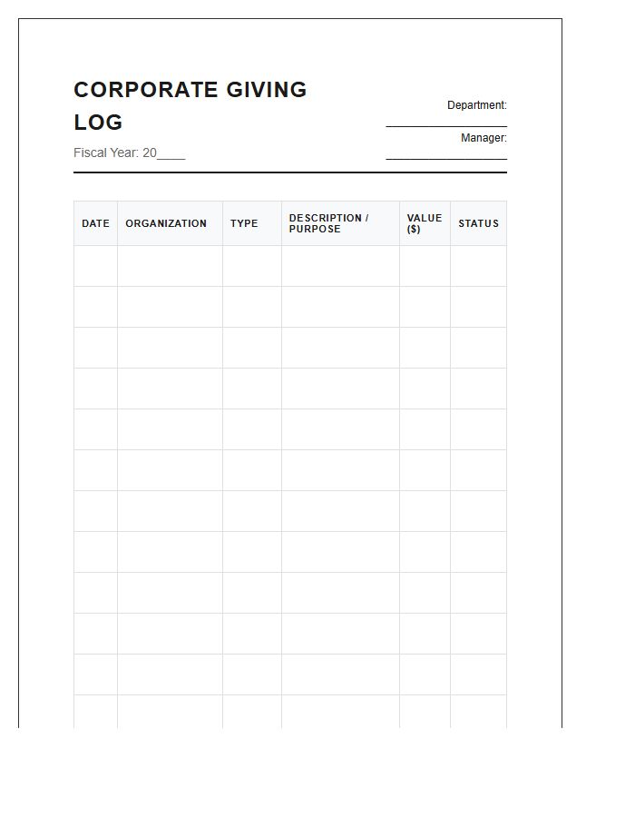 Printable Corporate Giving Program Log Chart
