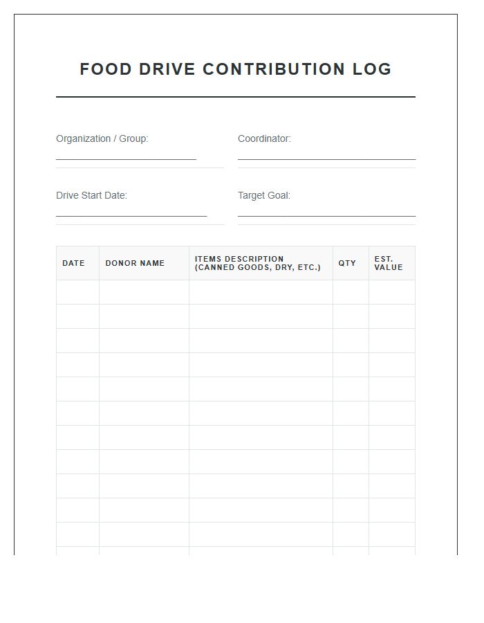 Printable Food Drive Contribution Log Chart