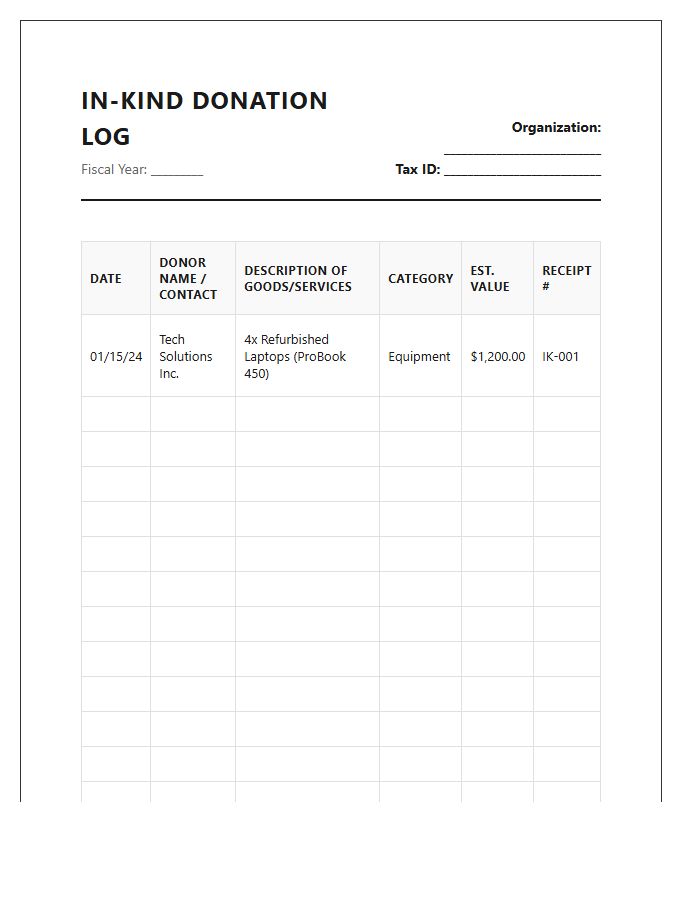 Printable In Kind Donation Log Tracking Chart