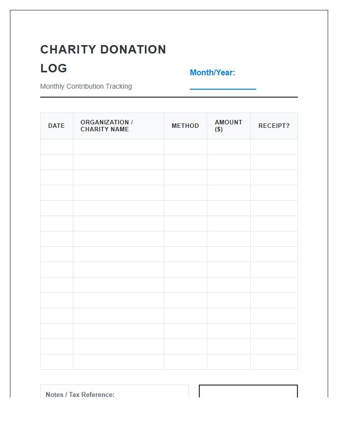 Printable Monthly Charity Donation Log Chart